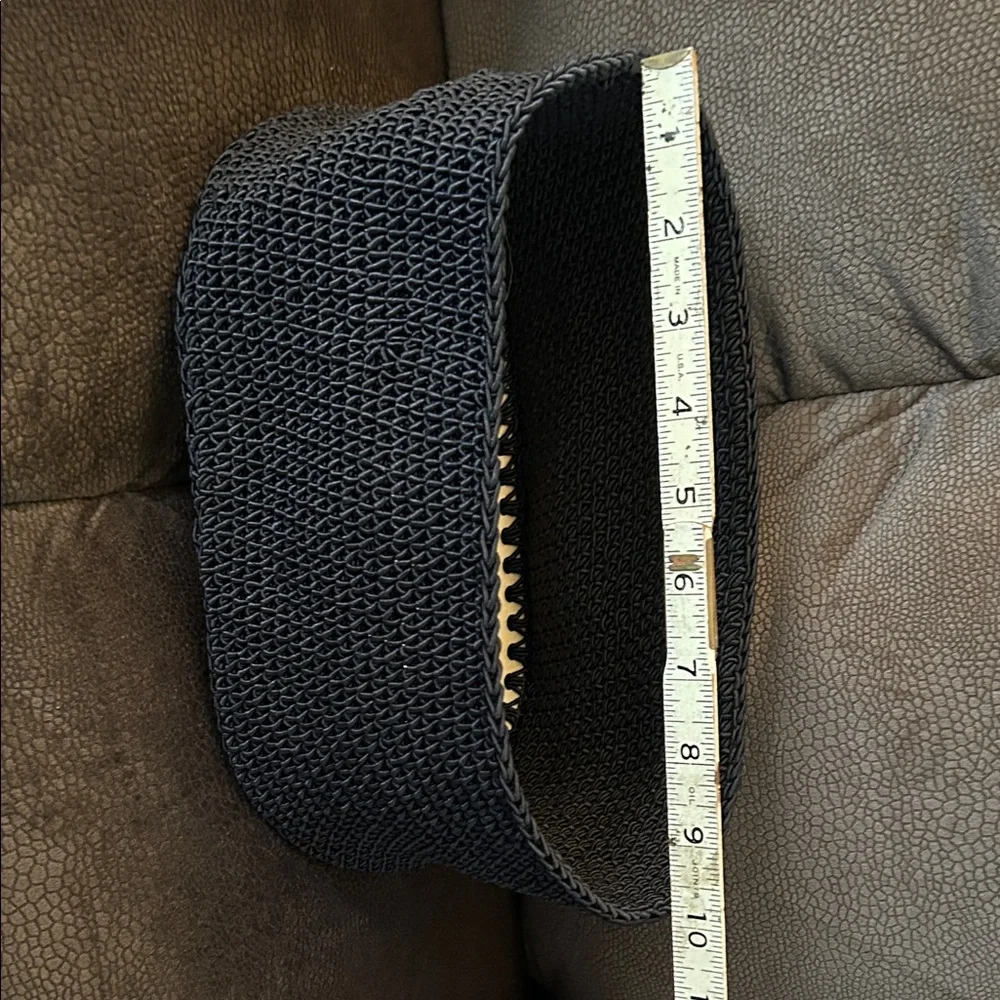 NWT Handmade Black Crocheted Basket with tan wooden bottom
